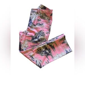 Pink Scenic Print Trousers size 8 zipper stamped floral pink pants pockets
